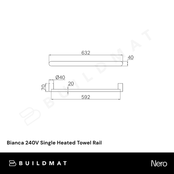 Nero Bianca 240V Single Heated Towel Rail Matte Black