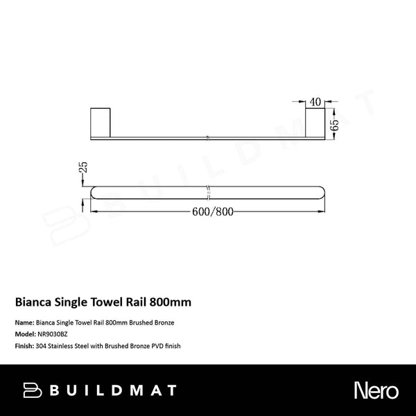 Nero Bianca Single Towel Rail 800mm Brushed Bronze