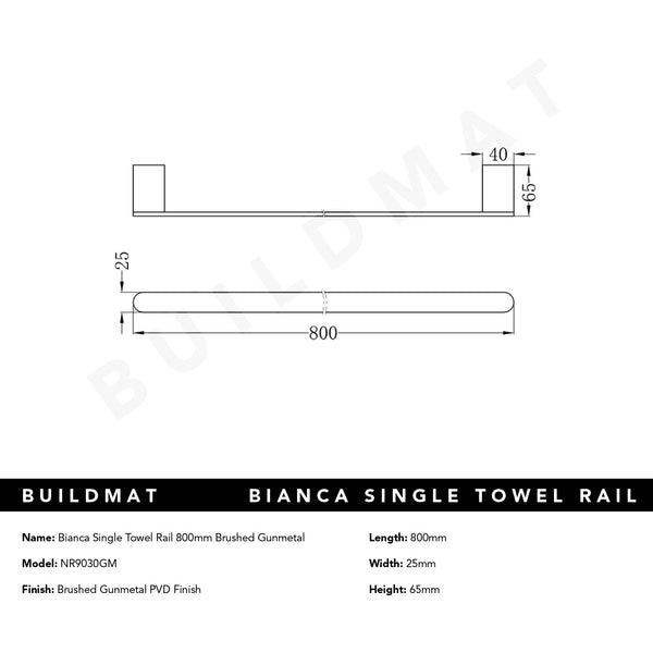 Nero Bianca Single Towel Rail 800mm Brushed Gunmetal