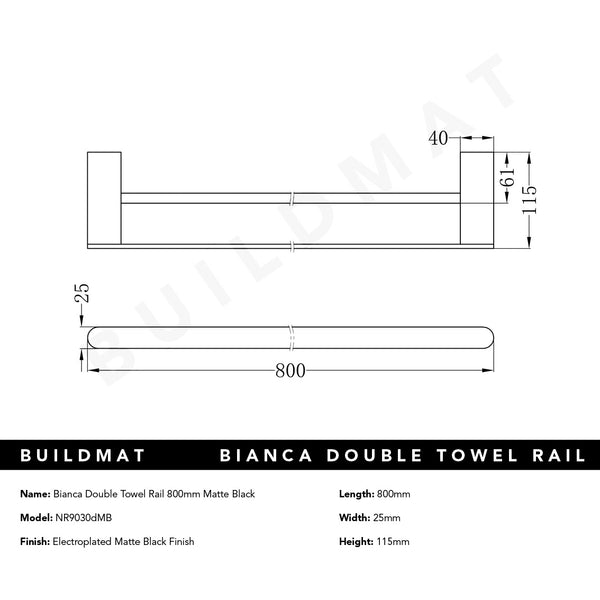 Nero Bianca Double Towel Rail 800mm Matte Black