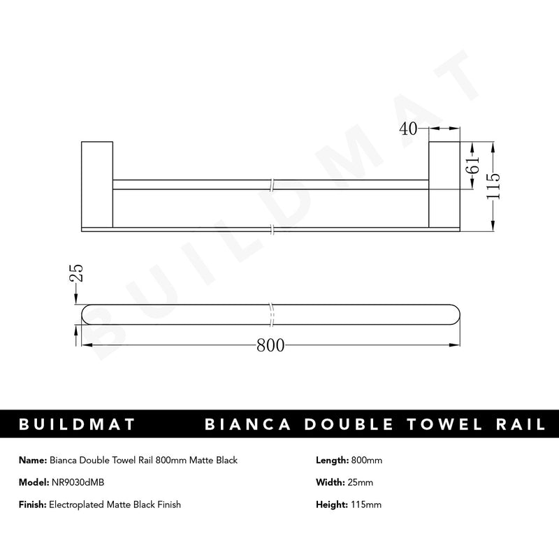 Bianca Double Towel Rail 800mm Matte Black