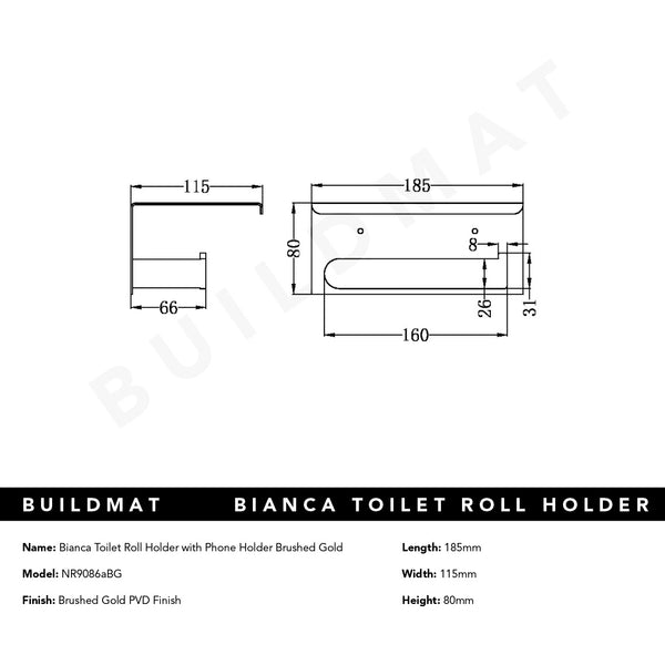 Nero Bianca Toilet Roll Holder with Phone Holder Brushed Gold