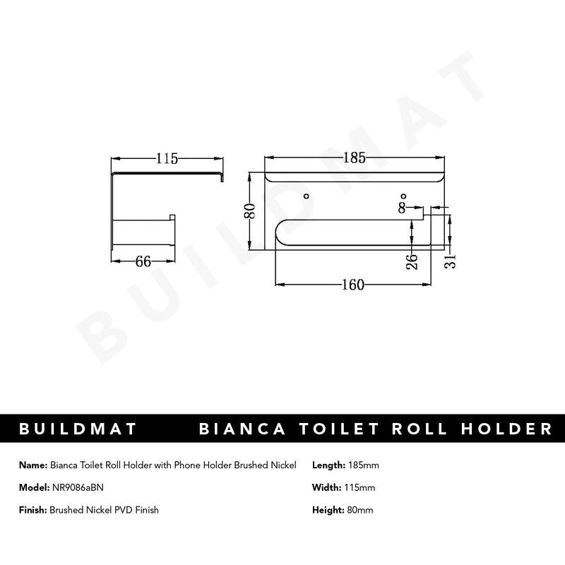 Bianca Toilet Roll Holder with Phone Holder Brushed Nickel