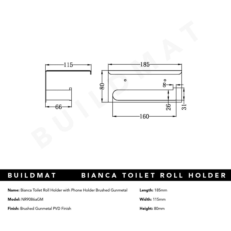 Bianca Toilet Roll Holder with Phone Holder Brushed Gunmetal