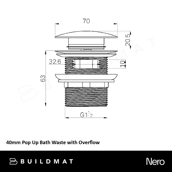 Nero 40mm Pop Up Bath Waste with Overflow Brushed Gold