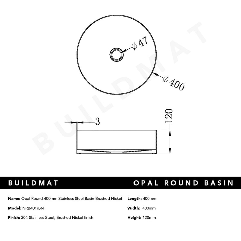 Opal Round 400mm Stainless Steel Basin Brushed Nickel