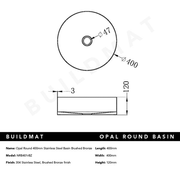 Nero Opal Round 400mm Stainless Steel Basin Brushed Bronze