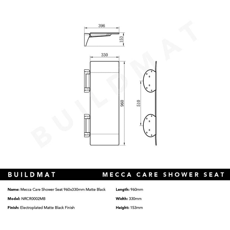 Mecca Care Shower Seat 960x330mm Matte Black