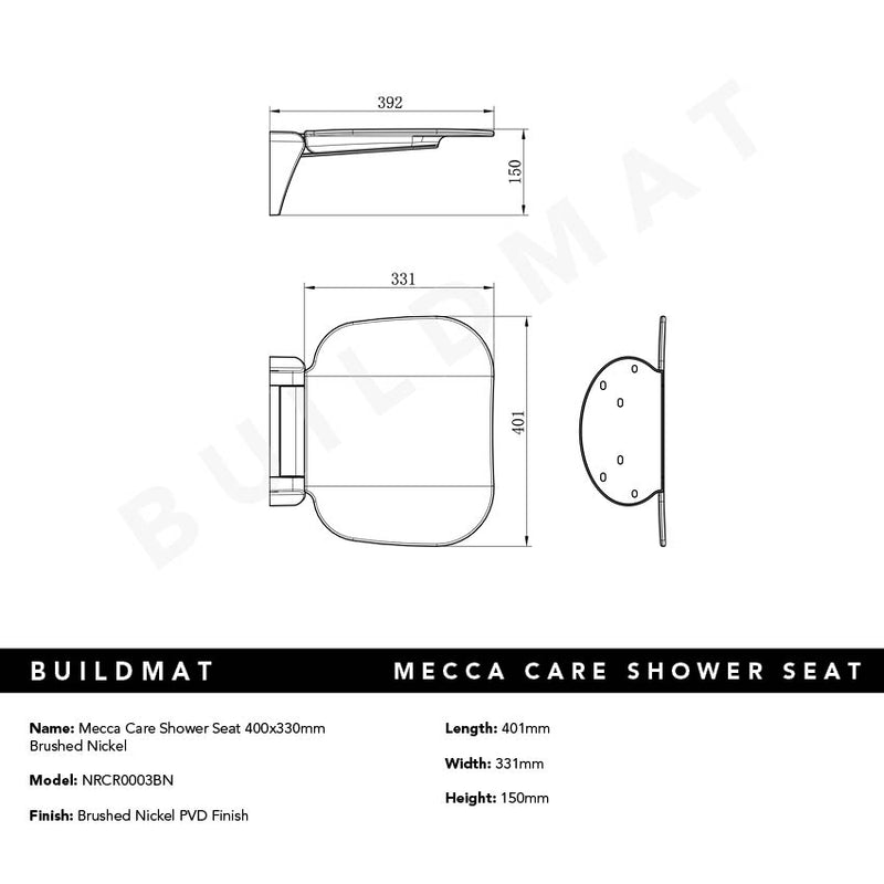 Mecca Care Shower Seat 400x330mm Brushed Nickel