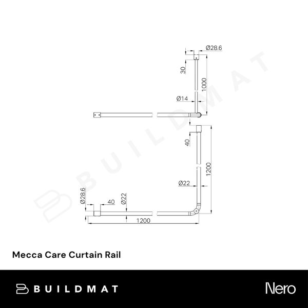 Nero Mecca Care Curtain Rail 1200x1200mm 90 Degree Brushed Nickel
