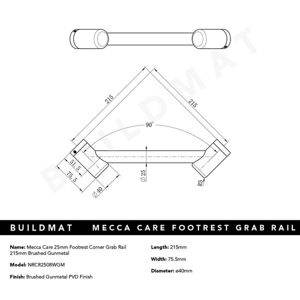 Nero Mecca Care 25mm Footrest Corner Grab Rail 215mm Brushed Gunmetal