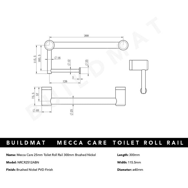Nero Mecca Care 25mm Toilet Roll Rail 300mm Brushed Nickel