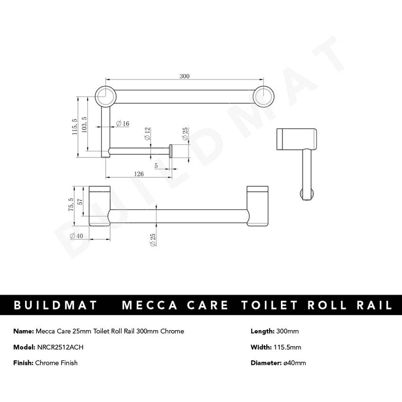 Mecca Care 25mm Toilet Roll Rail 300mm Chrome