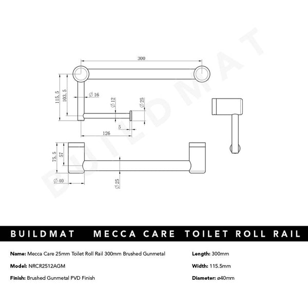 Nero Mecca Care 25mm Toilet Roll Rail 300mm Brushed Gunmetal