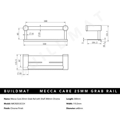 Mecca Care 25mm Grab Rail with Shelf 300mm Chrome