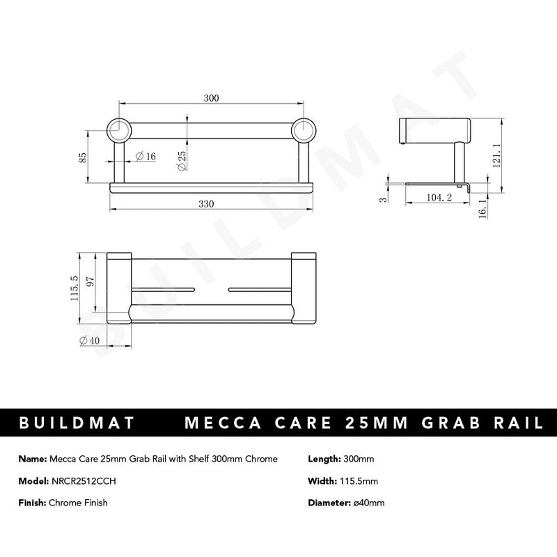 Mecca Care 25mm Grab Rail with Shelf 300mm Chrome