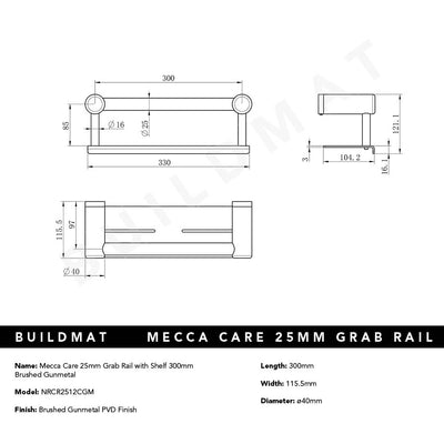 Mecca Care 25mm Grab Rail with Shelf 300mm Brushed Gunmetal