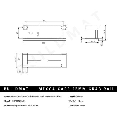 Mecca Care 25mm Grab Rail with Shelf 300mm Matte Black