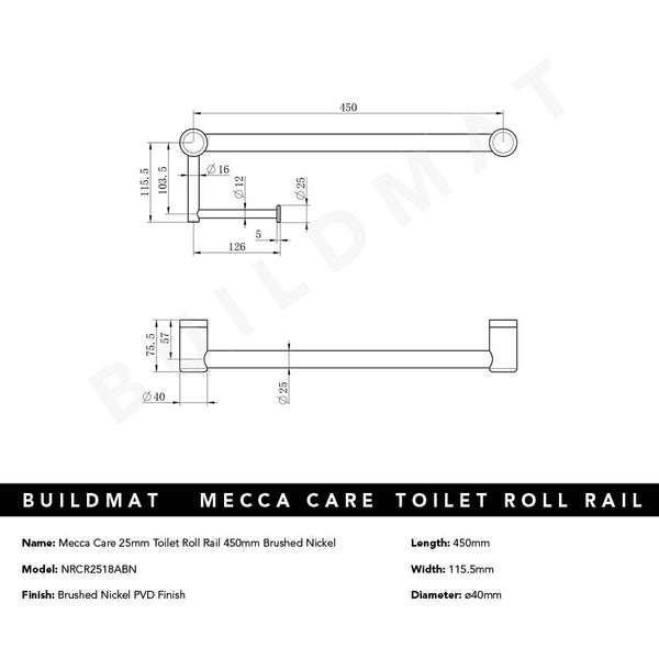 Nero Mecca Care 25mm Toilet Roll Rail 450mm Brushed Nickel