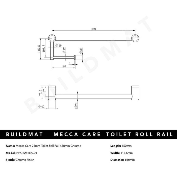 Nero Mecca Care 25mm Toilet Roll Rail 450mm Chrome