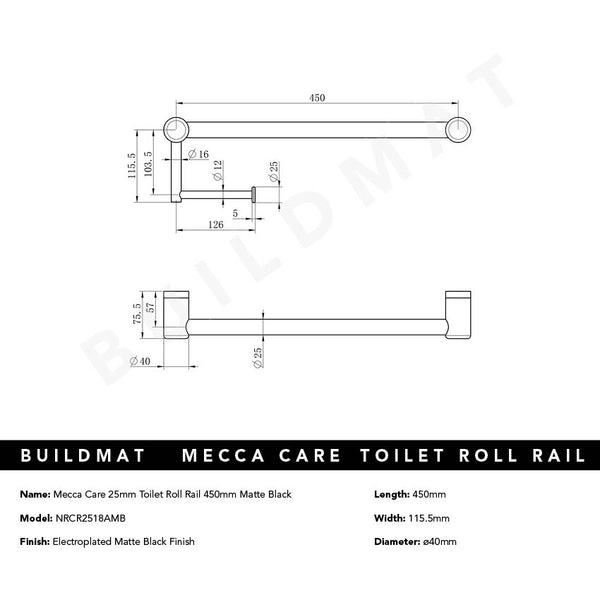 Nero Mecca Care 25mm Toilet Roll Rail 450mm Matte Black