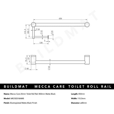 Mecca Care 25mm Toilet Roll Rail 450mm Matte Black