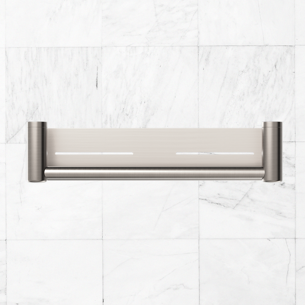 Nero Mecca Care 25mm Grab Rail with Shelf 450mm Brushed Nickel