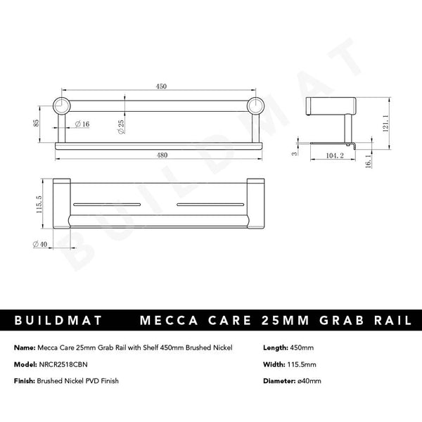 Nero Mecca Care 25mm Grab Rail with Shelf 450mm Brushed Nickel