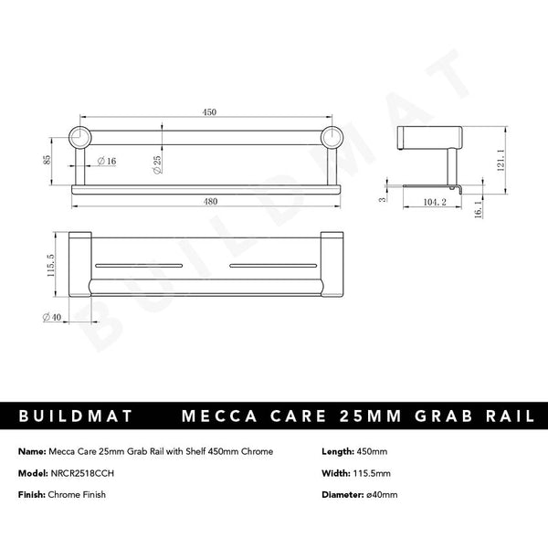 Nero Mecca Care 25mm Grab Rail with Shelf 450mm Chrome
