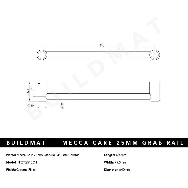 Mecca Care 25mm Grab Rail 450mm Chrome