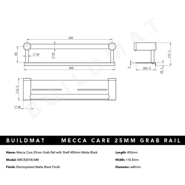 Nero Mecca Care 25mm Grab Rail with Shelf 450mm Matte Black