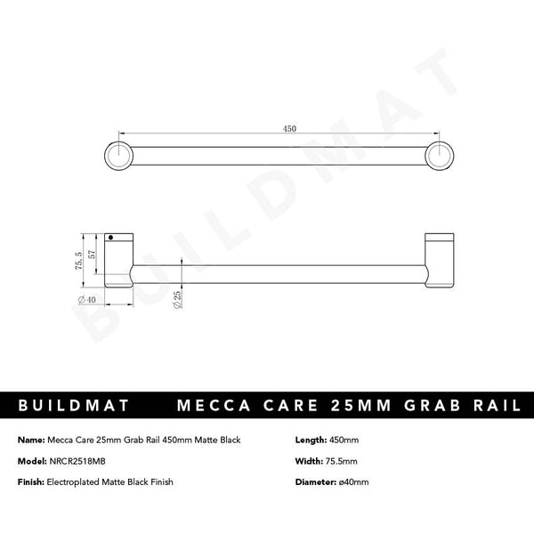 Nero Mecca Care 25mm Grab Rail 450mm Matte Black