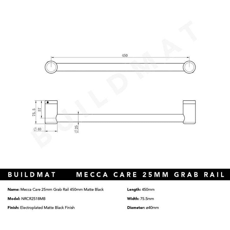 Mecca Care 25mm Grab Rail 450mm Matte Black