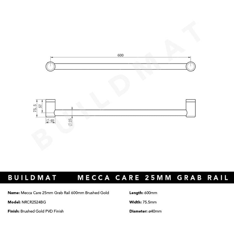 Mecca Care 25mm Grab Rail 600mm Brushed Gold