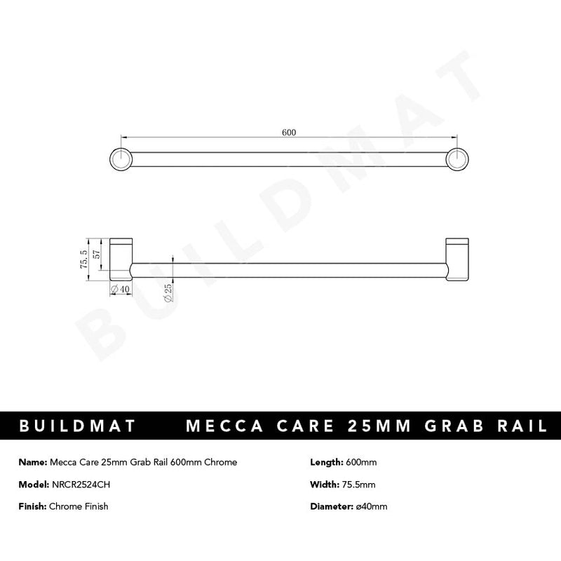 Mecca Care 25mm Grab Rail 600mm Chrome