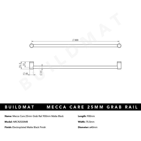 Nero Mecca Care 25mm Grab Rail 900mm Matte Black