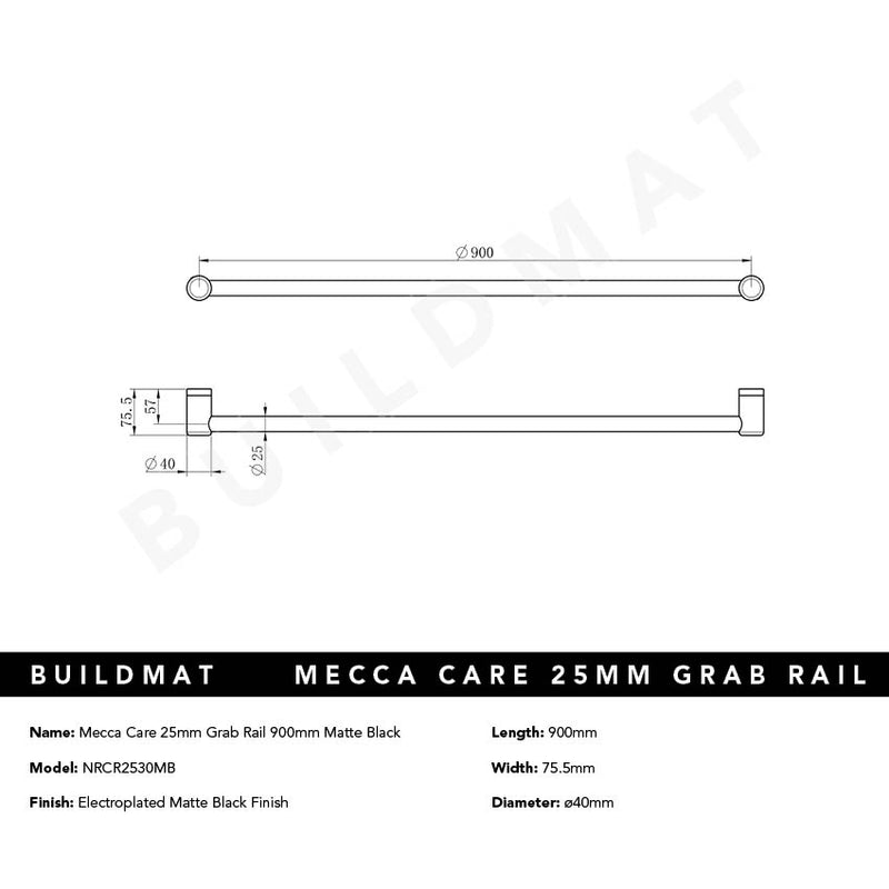 Mecca Care 25mm Grab Rail 900mm Matte Black