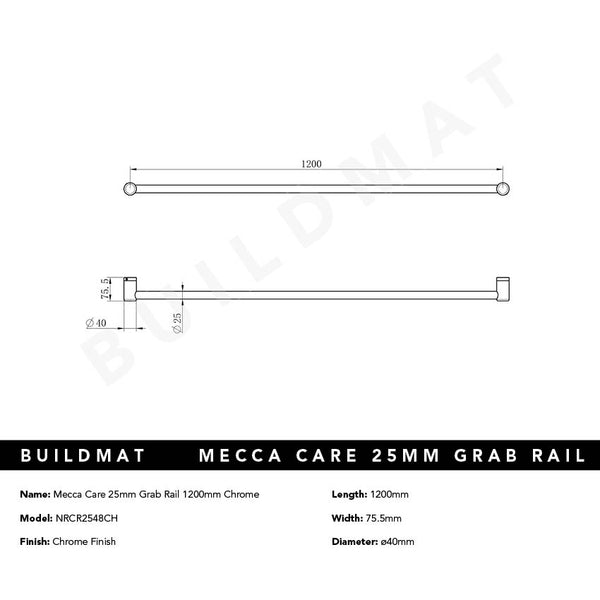 Nero Mecca Care 25mm Grab Rail 1200mm Chrome