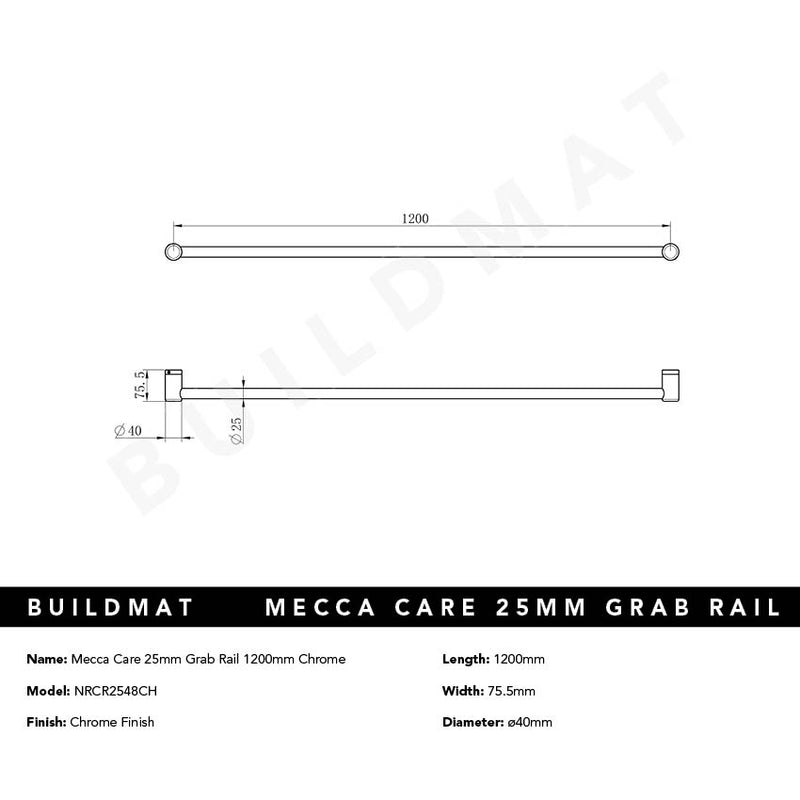 Mecca Care 25mm Grab Rail 1200mm Chrome