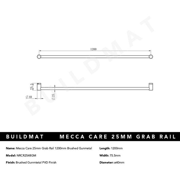 Nero Mecca Care 25mm Grab Rail 1200mm Brushed Gunmetal