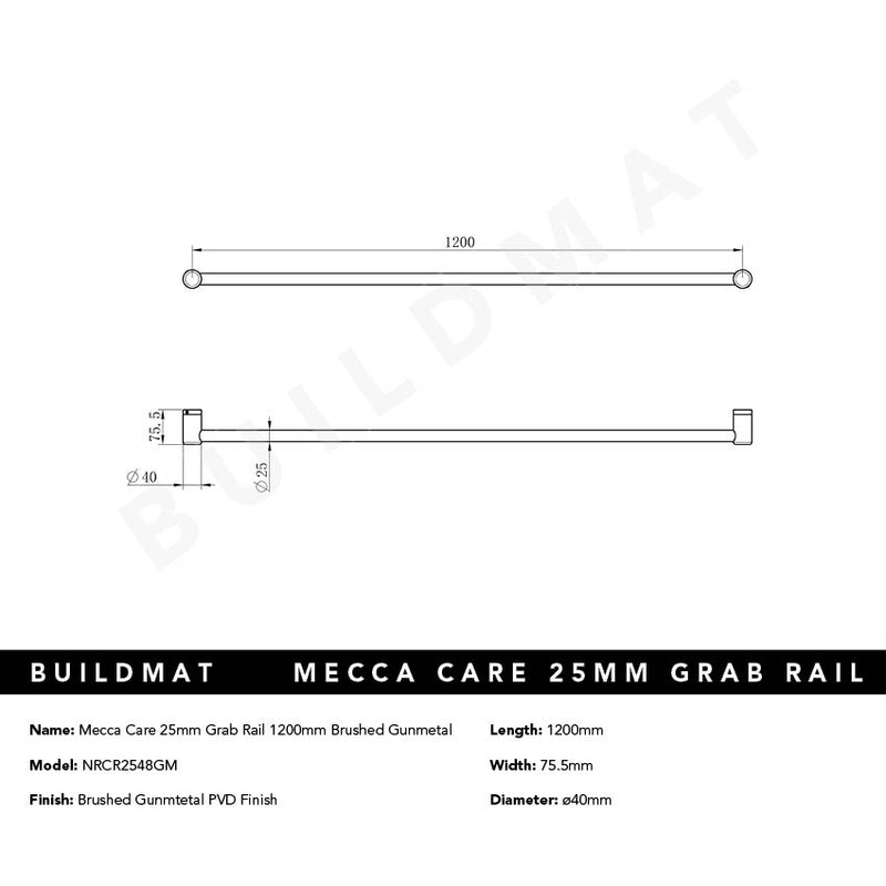Mecca Care 25mm Grab Rail 1200mm Brushed Gunmetal