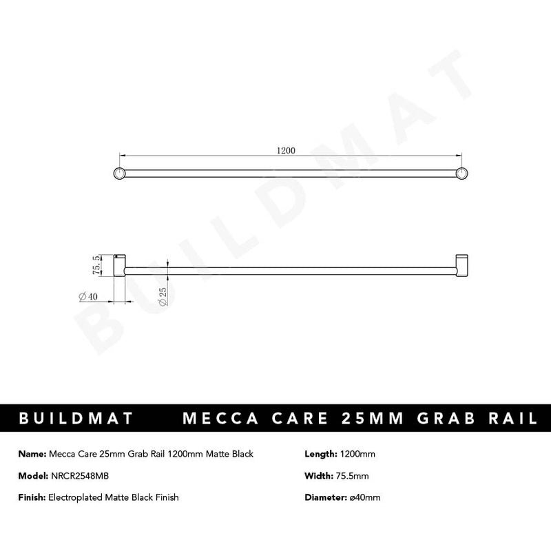 Mecca Care 25mm Grab Rail 1200mm Matte Black