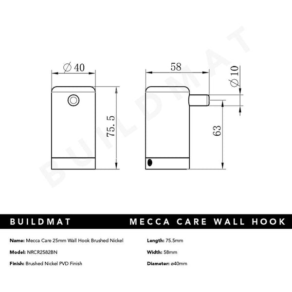 Nero Mecca Care 25mm Wall Hook Brushed Nickel