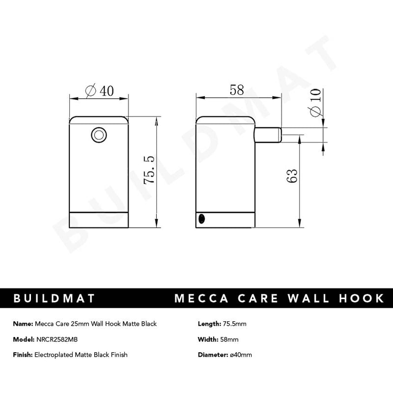 Mecca Care 25mm Wall Hook Matte Black