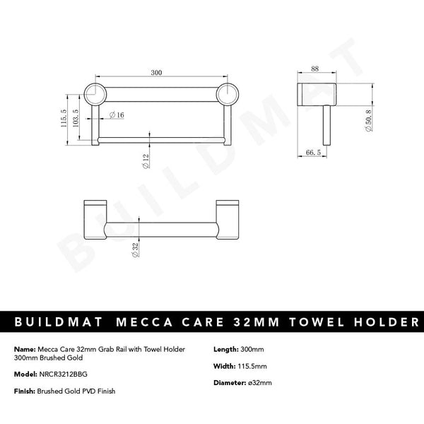 Nero Mecca Care 32mm Grab Rail with Towel Holder 300mm Brushed Gold