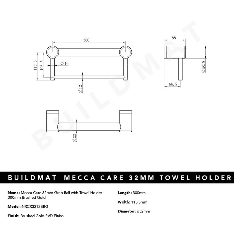 Mecca Care 32mm Grab Rail with Towel Holder 300mm Brushed Gold