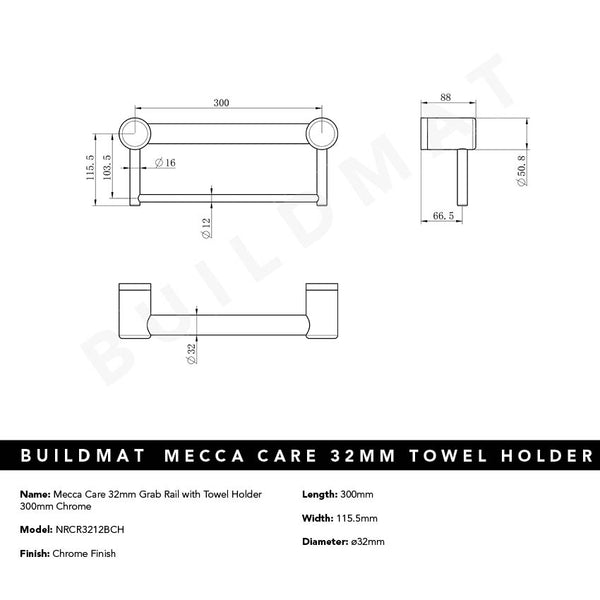 Nero Mecca Care 32mm Grab Rail with Towel Holder 300mm Chrome