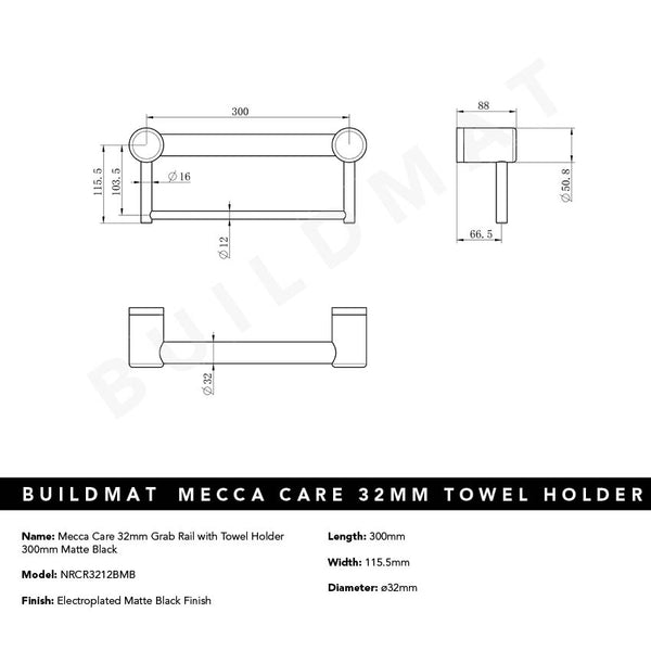 Nero Mecca Care 32mm Grab Rail with Towel Holder 300mm Matte Black