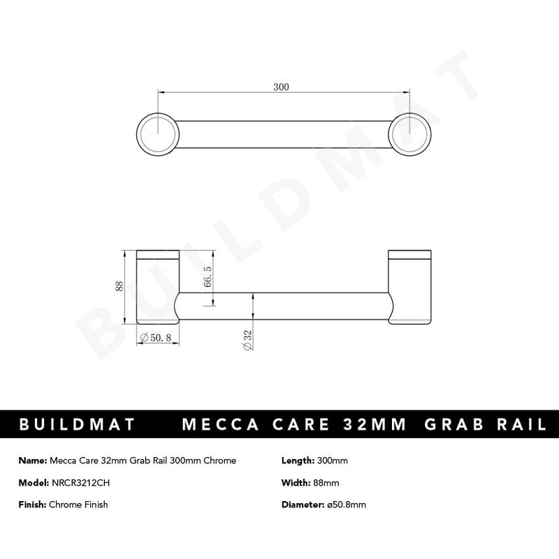 Mecca Care 32mm Grab Rail 300mm Chrome