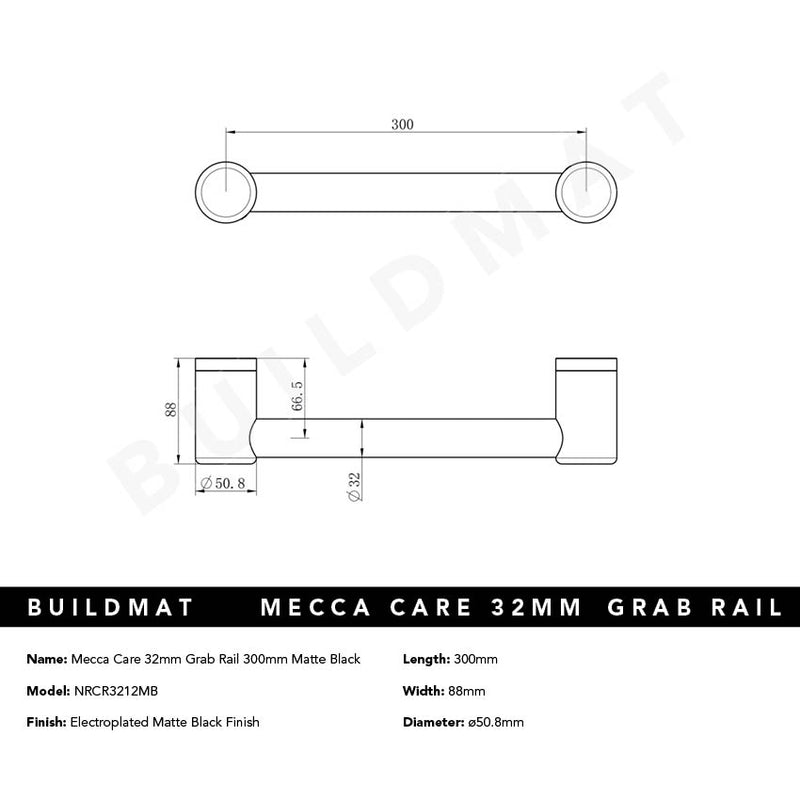 Mecca Care 32mm Grab Rail 300mm Matte Black
